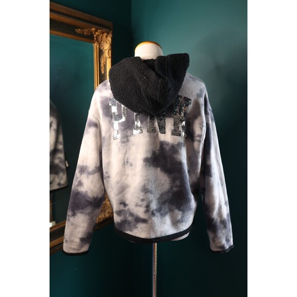 Victoria’s Secrets PINK Bling Sherpa Reversible Jacket Black White Tie Dye Sz S - Picture 6 of 12